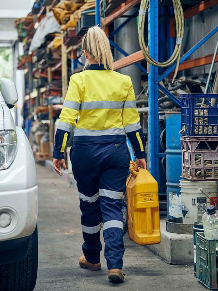Womens taped hi vis cotton drill coverall with waist zip opening